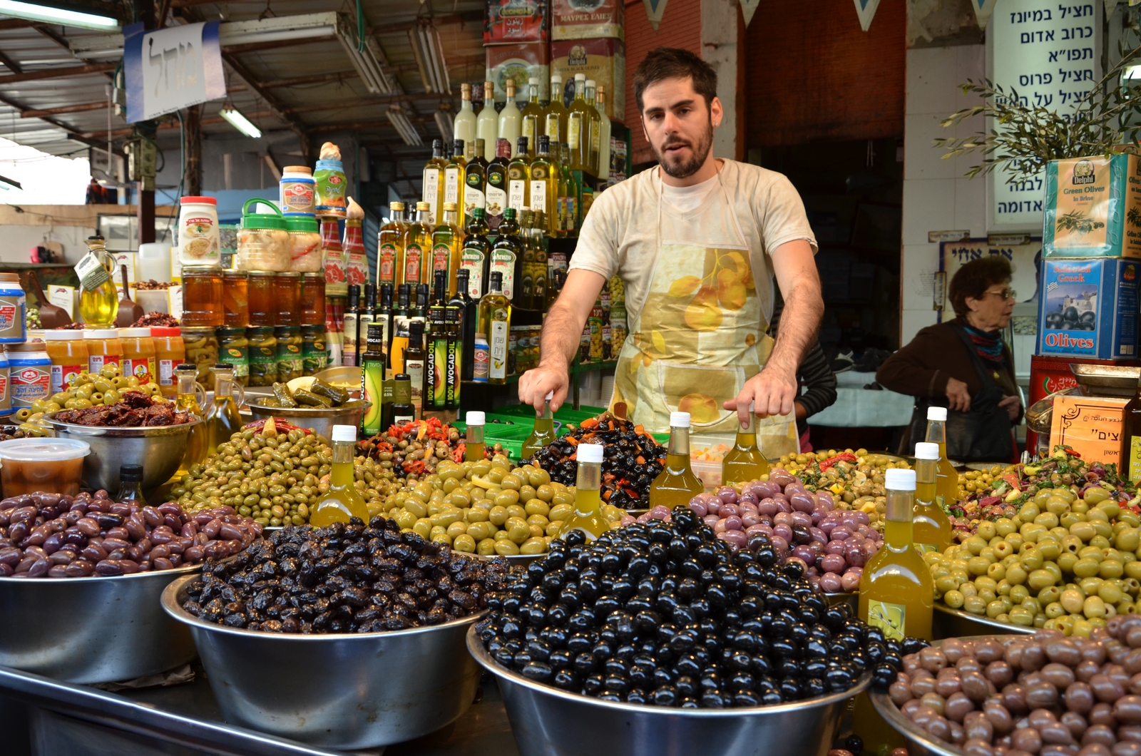 Olive stall at a colorful Israeli market