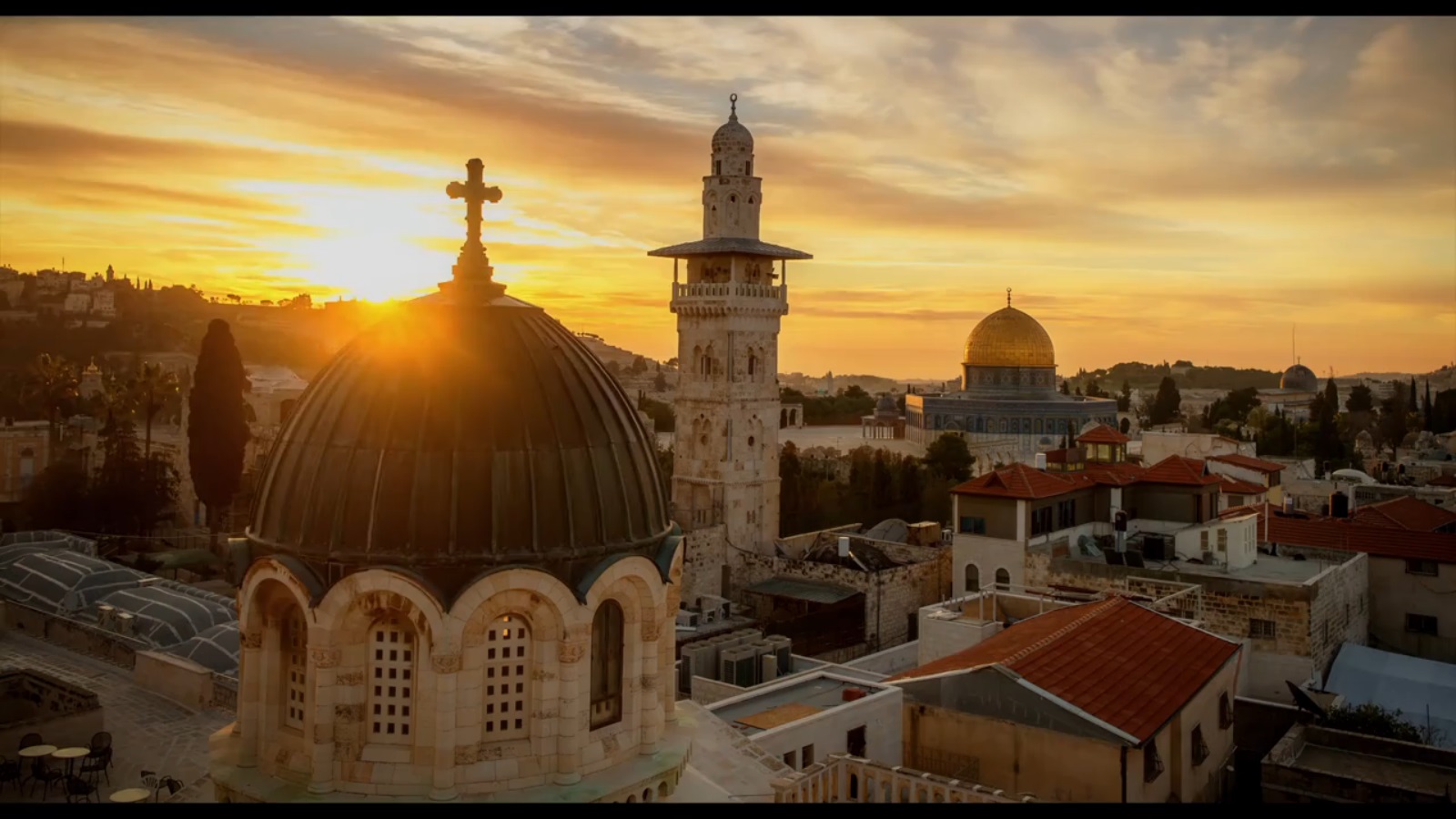 Jerusalem skyline glowing at sunset